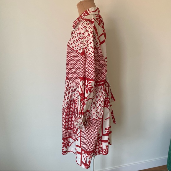 Anthropologie Maeve Red White Cotton Printmaker Poplin Long Sleeve Shirtdress L - Picture 6 of 12